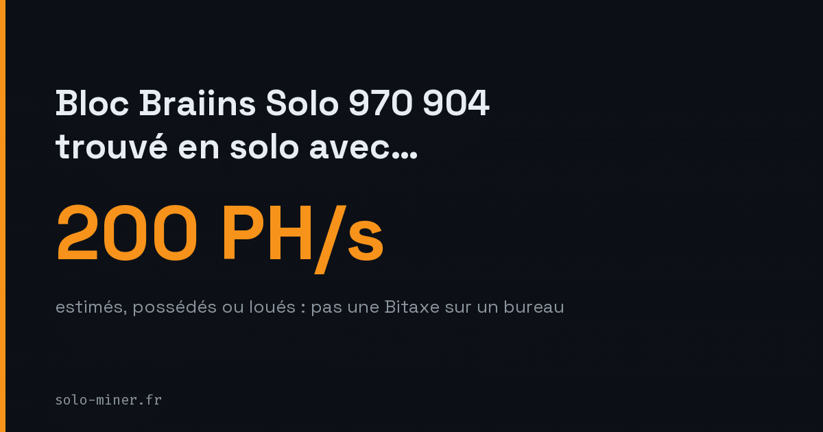 Bloc Braiins Solo 970 904 : 200 PH/s, ce n’est pas un home miner